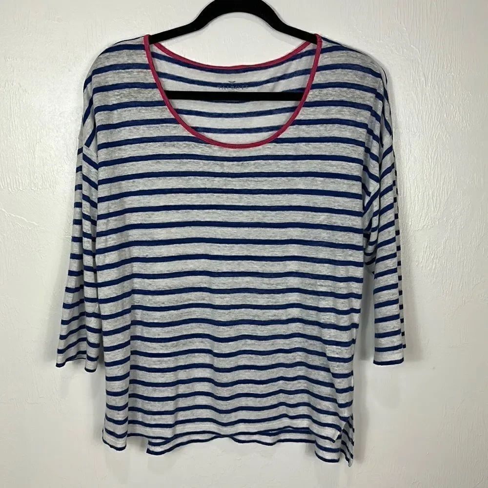 Talbots Linen Striped 3/4 Sleeve Contrast Trim Top Size LP